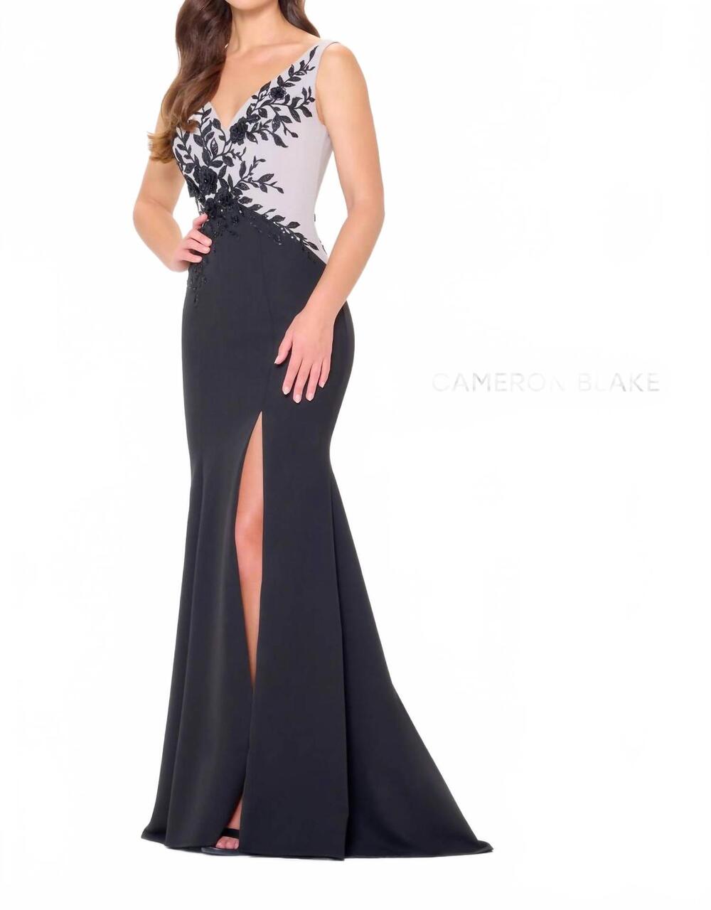 NEW CAMERON BLAKE long sequin beaded applique formal evening dress in ivory/blac